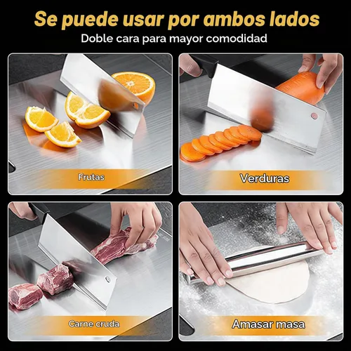 Vista 6 de Juego de 3 tablas de cortar de titanio, 3 tablas de cortar de acero inoxidable, tablas de cortar antiadherentes de doble cara de grado alimenticio