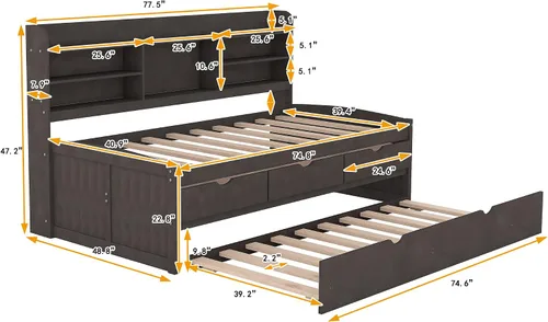 Vista 2 de Harper & Bright Designs Sofá cama de tamaño individual con estantes de almacenamiento, cajones y nido, marco de cama de esquina doble de madera