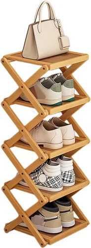 Vista 8 de YYW Zapatero plano de bambú para entrada, sin instalación y plegable, pequeño zapatero vertical, ahorra espacio, zapatero estrecho para armario