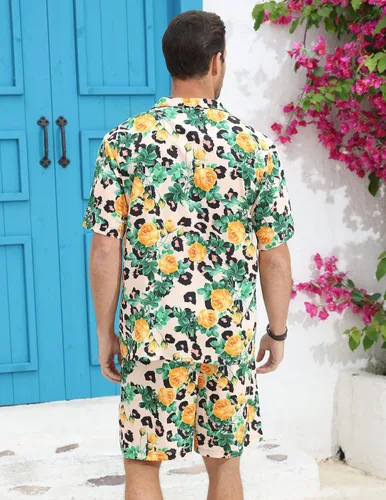 Vista 2 de LUCKYOUNG Conjunto de camisa hawaiana y pantalón corto para hombre, 2 piezas, camisa de manga corta con botones, trajes de vacaciones en la playa