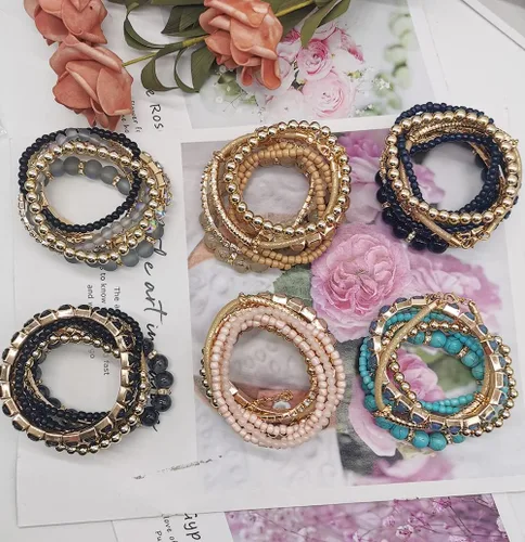 Vista 7 de FINZOR 6 juegos de pulseras bohemias apilables de cuentas para mujer, pulseras elásticas multicolores, pulseras ajustables de cuentas en capas