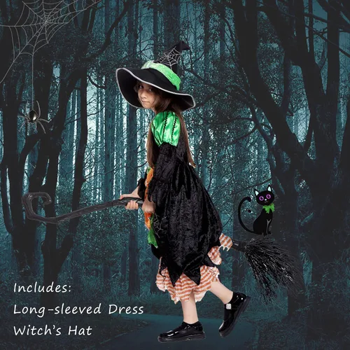 Vista 4 de Disfraz de bruja de Halloween para niñas, vestido de bruja verde lindo disfraz de lujo juego de rol