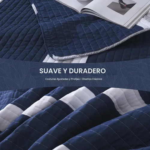 Vista 5 de SahSahCasa Juego de edredón tamaño Queen, juego de edredón 100% algodón, edredón a rayas azul marino, juego de ropa de cama acolchado tamaño Queen