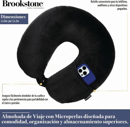 Vista 2 de Brookstone - Almohada de viaje suave con microcuentas para el cuello con bolsillo para teléfono