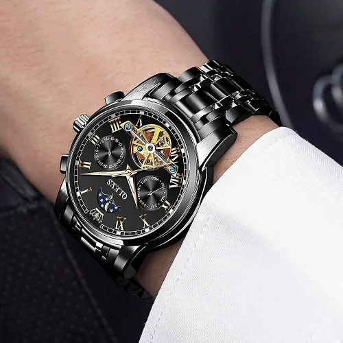 Vista 3 de OLEVS reloj mecánico automático, reloj de cuerda automático de lujo para hombre a prueba de agua, acero inoxidable., Blanco y negro