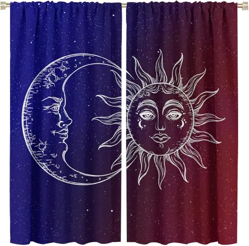 Vista 79 de Cortinas opacas con diseño de sol y luna, cuerpos celestes bohemios, con diseño de sol, luna y estrellas, para sala de estar, dormitorio, 42 x 45