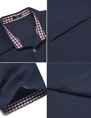 Vista 4 de COOFANDY Camisa de vestir Oxford de manga corta para hombre, camisa de trabajo con botones de cambray, camisas casuales con cuello a cuadros