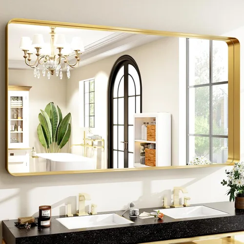 Vista 10 de Espejo de baño negro de 30"x22" - Espejo moderno para pared con esquinas redondeadas, espejos de baño para tocador, espejo enmarcado de aleación