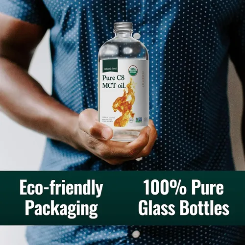 Vista 6 de Natural Force Aceite orgánico puro C8 MCT, aceite MCT líquido en recipiente de botella de vidrio, ácido caprílico concentrado, ceto, paleo, kosher
