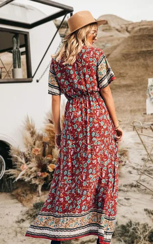 Vista 4 de PRETTYGARDEN - Vestido bohemio casual de verano para mujer, con estampado floral, cuello en V, manga corta, cintura alta, largo hasta el piso