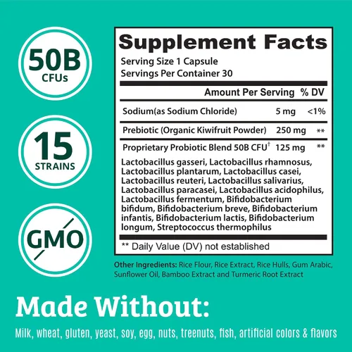 Vista 3 de Prebióticos y probióticos: Lactobacillus Gasseri, Lactobacillus Rhamnosus, Plantarum, Casei, Bifidobacterium longum, lactis, infantis. Prebióticos