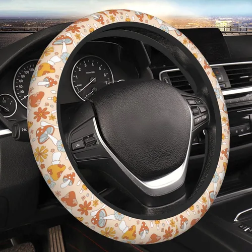 Vista 9 de Funda de volante vintage floral hippie de los 70, diseño de hongo retro, cubierta de volante de neopreno antideslizante para mujeres, hombres