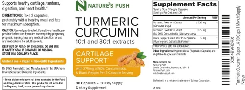 Vista 4 de Nature's Push Curcumina de cúrcuma súper potente 30:1 Extracto 30:1 375 mg 90% curcuminoides, 1,350 mg de raíz de cúrcuma 10:1 más pimienta negra