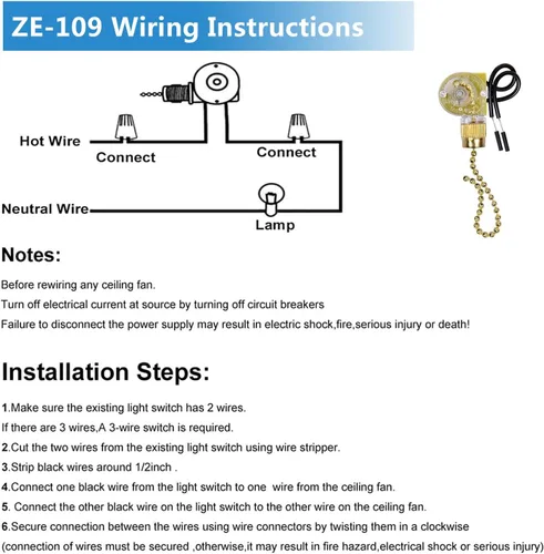 Vista 5 de Interruptor de luz de ventilador de techo ZE-109, interruptor de cadena de encendido y apagado compatible con la mayoría de las luces de ventilador