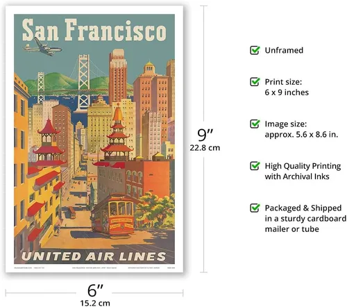 Vista 2 de San Francisco California - Teleférico en Chinatown - United Air Lines - Póster vintage de viaje de aerolínea por Joseph Fehér c.1950s - Impresión