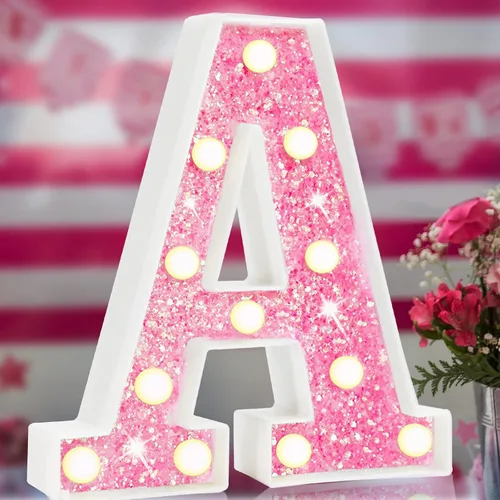 Vista 30 de Letras rosas iluminadas con purpurina, letras del alfabeto rosas, letreros de luces LED en marquesina rosas con batería para iluminación nocturna