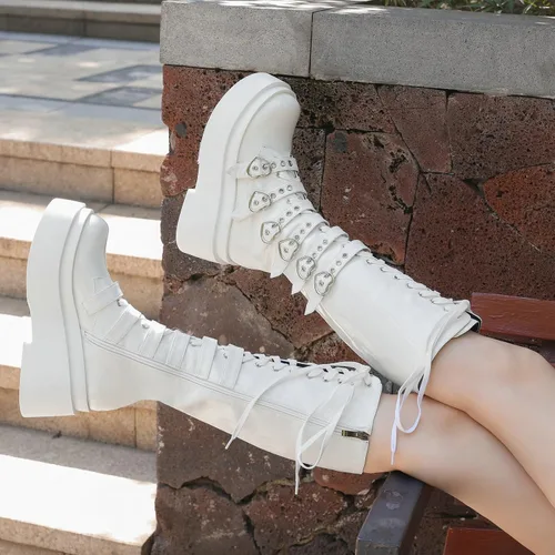Vista 35 de Parisuit Botas góticas altas hasta la rodilla con hebilla de plataforma para mujer, tacón alto grueso, con cordones, botas de combate punk, con Negro