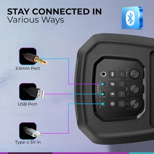 Vista 9 de Philips Altavoz Bluetooth para fiestas, refuerzo dinámico de bajos, Bluetooth y entrada auxiliar, entrada de micrófono, emparejamiento inalámbrico