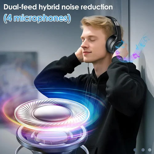 Vista 5 de Auriculares USB C con cable sobre la oreja con micrófono HD, auriculares plegables con cancelación activa de ruido