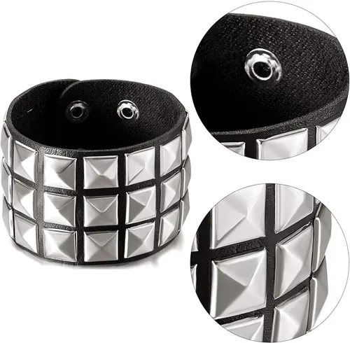 Vista 2 de eYLun Pulsera de cuero para hombres y mujeres, pulseras punk, pulsera ajustable de roca, 2 piezas