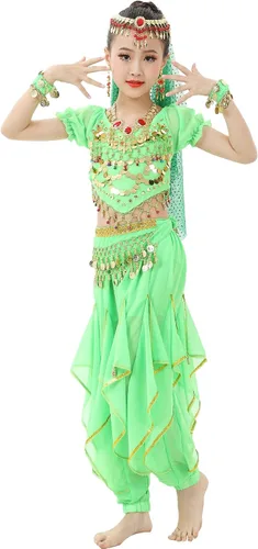 Vista 3 de Astage Girls Belly Dance Costume Short Sleeve Top Skirt Hip Scarf Cosplay All Set Green-b