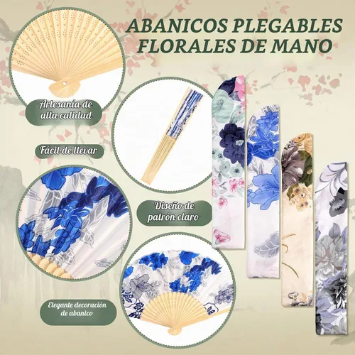 Vista 5 de Zonon 4 Pack de abanicos de mano florales plegables, abanicos de seda de bambú con borla para mujer, abanico de mano hueco plegable con funda