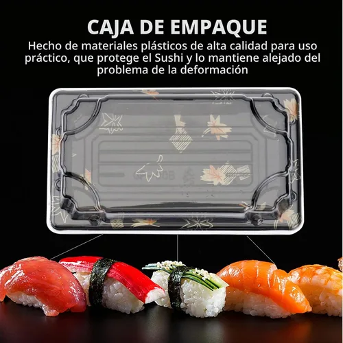 Vista 2 de Yardwe Caja de sushi desechable con tapa, 100 recipientes para sushi, frutas, postres, pasteles, cajas de almacenamiento de alimentos negras