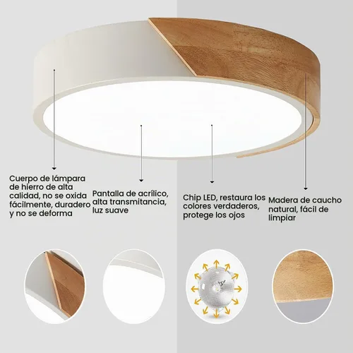 Vista 4 de Lámpara de techo empotrada, lámpara de techo LED de 12 pulgadas, blanco mate con madera, 4500K/24W (equivalente a 150W), lámparas de techo