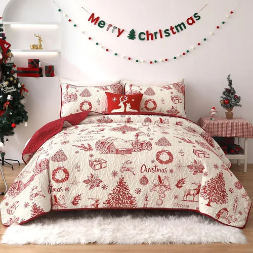 Vista 12 de DJY Juego de edredón navideño tamaño queen, patrón de renos y árboles de Navidad, juego de ropa de cama navideña, suave microfibra verde y blanco