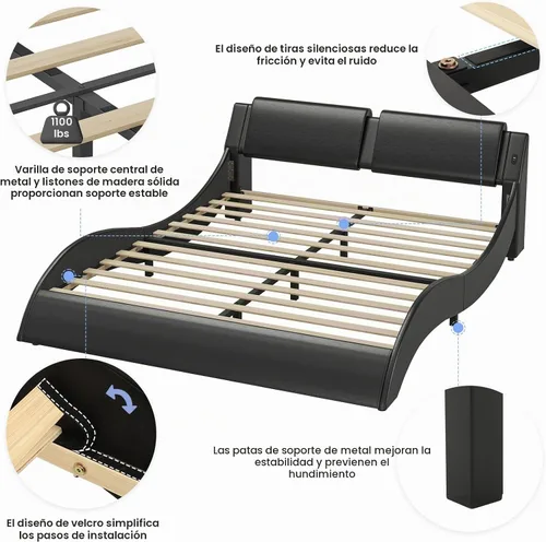 Vista 9 de DICTAC Base de cama California King con cabecero y luces LED, moderna base de cama LED Cali King con puertos USB y tipo C, de piel sintética