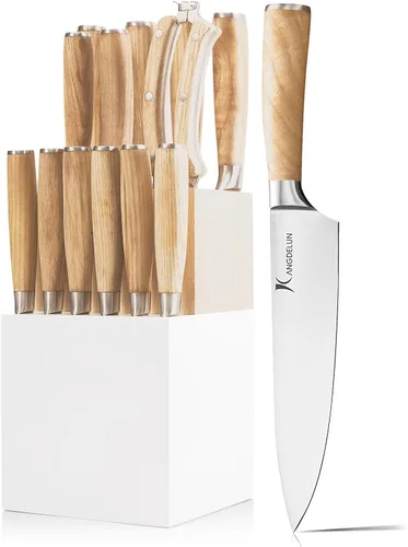 Vista 10 de Juego de 14 cuchillos Kangdelun Serie Natura, ultra afilados, de acero inoxidable de alto carbono con mango de madera