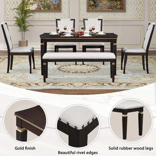 Vista 146 de Juego de mesa de comedor vintage de 6 piezas, juego de mesa de comedor de cocina de madera maciza con 4 sillas ergonómicas acolchadas y banco, mesa