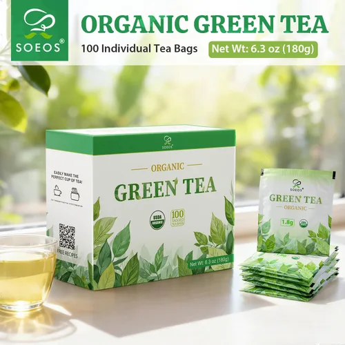 Vista 3 de Soeos Té verde orgánico, 6.3 oz (180 g), 100 bolsas de té, refrescante y fragante, de origen sostenible, ideal para té caliente o helado, frescura