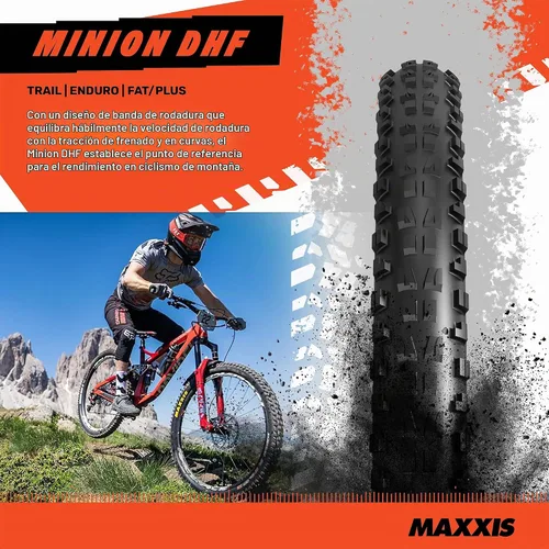 Vista 2 de Maxxis Minion DHF Doble compuesto Neumático para bicicleta de montaña, E25, listo para cámara Centro de balanceo rápido, perillas laterales