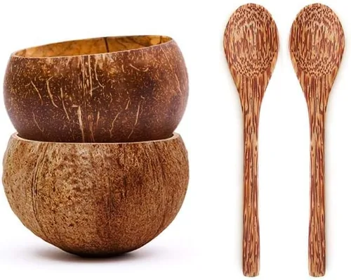 Vista 6 de Rainforest Bowls 2 cuencos de coco pequeños ecológicos (crudo y original) con 2 tenedores de madera de coco, 100% natural, juego de cocina orgánico