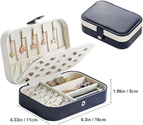Vista 4 de Organizador de joyas de piel sintética de doble capa para mujeres y niñas, caja organizadora de joyas para collares, anillos y aretes