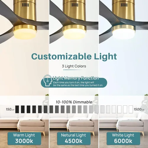 Vista 4 de Sofucor Ventiladores de techo inteligentes de 52 pulgadas con luces - montaje al ras de perfil bajo, modernos ventiladores de techo de madera maciza