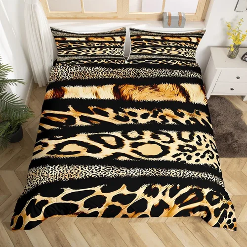 Vista 8 de Feelyou Juego de ropa de cama con estampado de leopardo para niños, tamaño individual, funda de edredón de guepardo safari, funda de edredón de piel