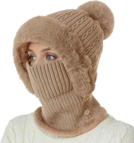 Vista 12 de Pasamontañas de una pieza para mujer, gorro de cráneo, bufanda para el cuello, bufanda de esquí, nieve, invierno, gorro de forro polar de punto