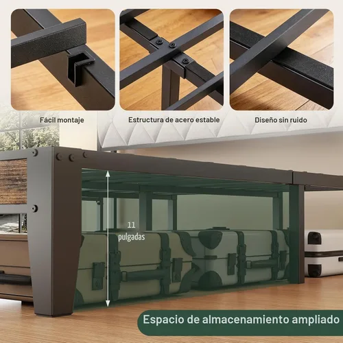 Vista 4 de Sweetcrispy Base de cama individual con cabecera tapizada, cabecera de almacenamiento con estación de carga USB, soporte de listones de metal
