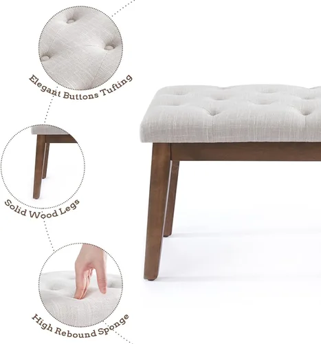 Vista 8 de HUIMO Upholstered Bench, Button Tufted Dining Bench (Beige) con patas de madera maciza, banco de extremo de cama para dormitorio, entrada, sala