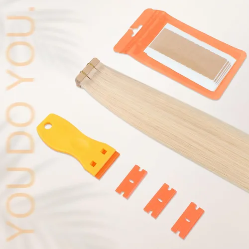 Vista 7 de DOORES Cinta para Extensiones de Cabello 72 Lengüetas y Herramienta Raspadora Removedora con 10 Cuchillas de Repuesto de Plástico, Cinta de Repuesto