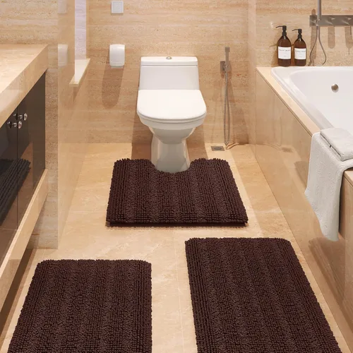 Vista 32 de ACCUMTEK - Juego de alfombras de baño a rayas beige de 3 piezas, ultrasuaves, antideslizantes de chenilla, alfombras de baño mullidas y absorbentes