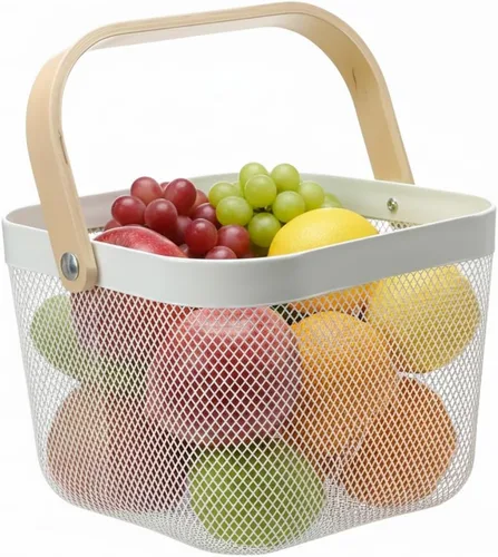 Vista 12 de Cesta organizadora de almacenamiento de malla de acero, cesta de frutas con mango de madera, ideal para cocina, baño, cestas de picnic, despensa