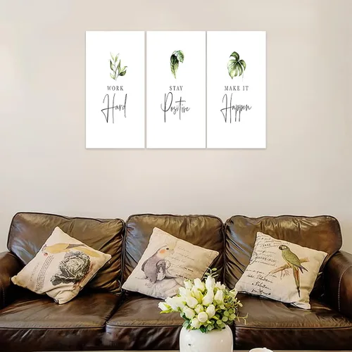Vista 2 de Arte de pared inspirador de 3 piezas, imagen de refranes de plantas blancas, citas de trabajo y estadía, impresiones en lienzo para decoración