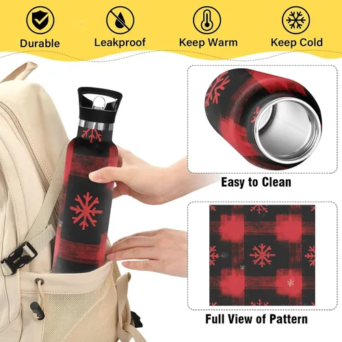 Vista 4 de Kids Water Bottle for School, Kids Water Bottle Stainless Steel for Travel or School 20 Oz, BPA-Free, Red Snowflakes Black Buffalo Plaid
