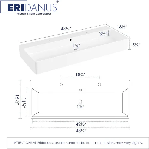 Vista 2 de Eridanus Lavabo de Baño Rectangular 43" x 16", Lavabo Vasija de Cerámica Vítrea de Dos Orificios, Montaje en Encimera y Pared, Lavabo Flotante