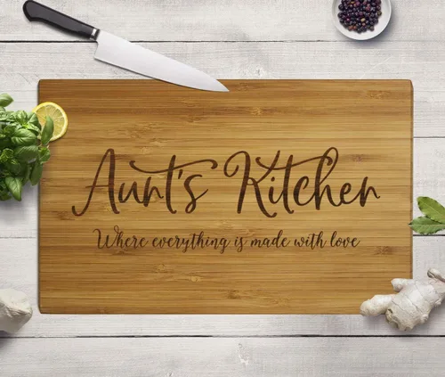 Vista 4 de Andaz Press Tabla de cortar grande de madera de bambú, 17.75 x 11 pulgadas, Aunt's Kitchen Where Everything is Made With Love, 1 paquete, tabla