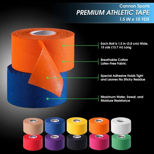 Vista 2 de Cannon Sports Cinta atlética de alta calidad, 1.5 pulgadas x 45 pies por rollo, fácil de rasgar, sin residuos pegajosos, muy fuerte, hipoalergénica