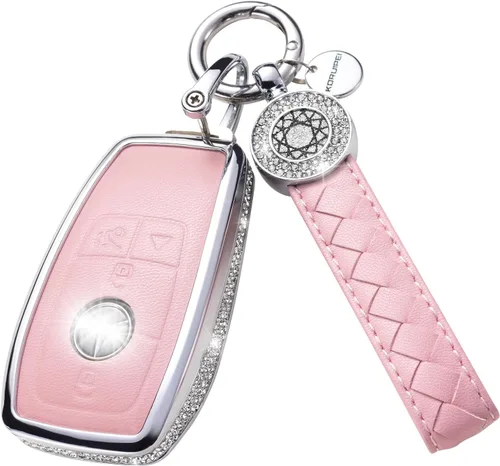 Vista 39 de Funda para llave inteligente con llavero, de piel auténtica color rosa, con cristales, carcasa protectora